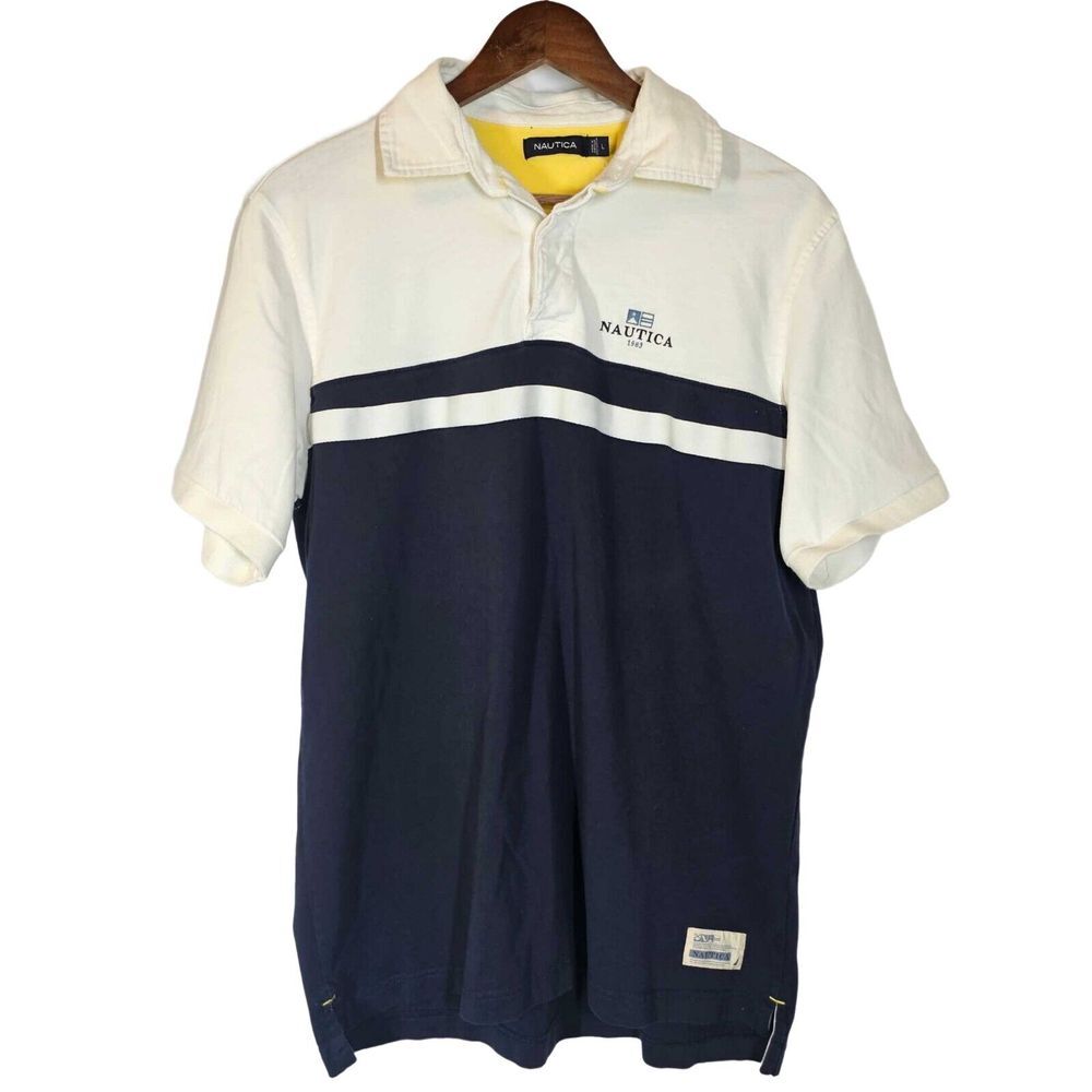 Nautica Short Sleeve Collar Polo Shirt Rugby Logo Colorblock White 100% Cotton L
